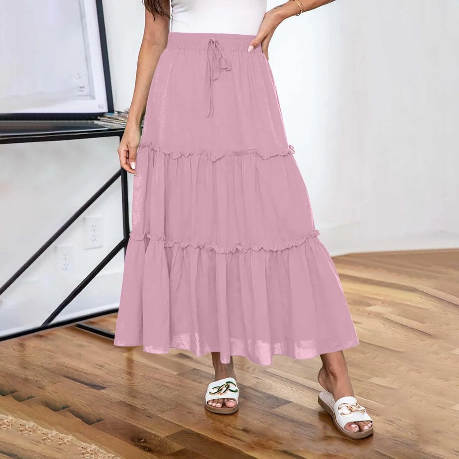 Maxi Skirt for Women Summer Trendy Dressy Drawstring Elastic High Waisted Layered A-Line Flowy Long Tiered Skirts