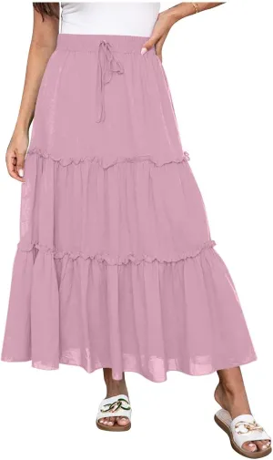 Maxi Skirt for Women Summer Trendy Dressy Drawstring Elastic High Waisted Layered A-Line Flowy Long Tiered Skirts
