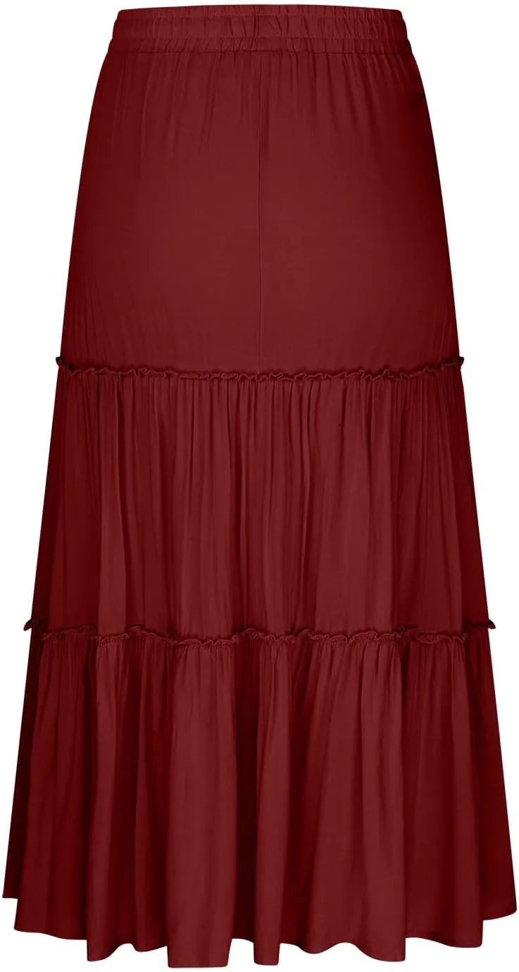 Maxi Skirt for Women Summer Trendy Dressy Drawstring Elastic High Waisted Layered A-Line Flowy Long Tiered Skirts