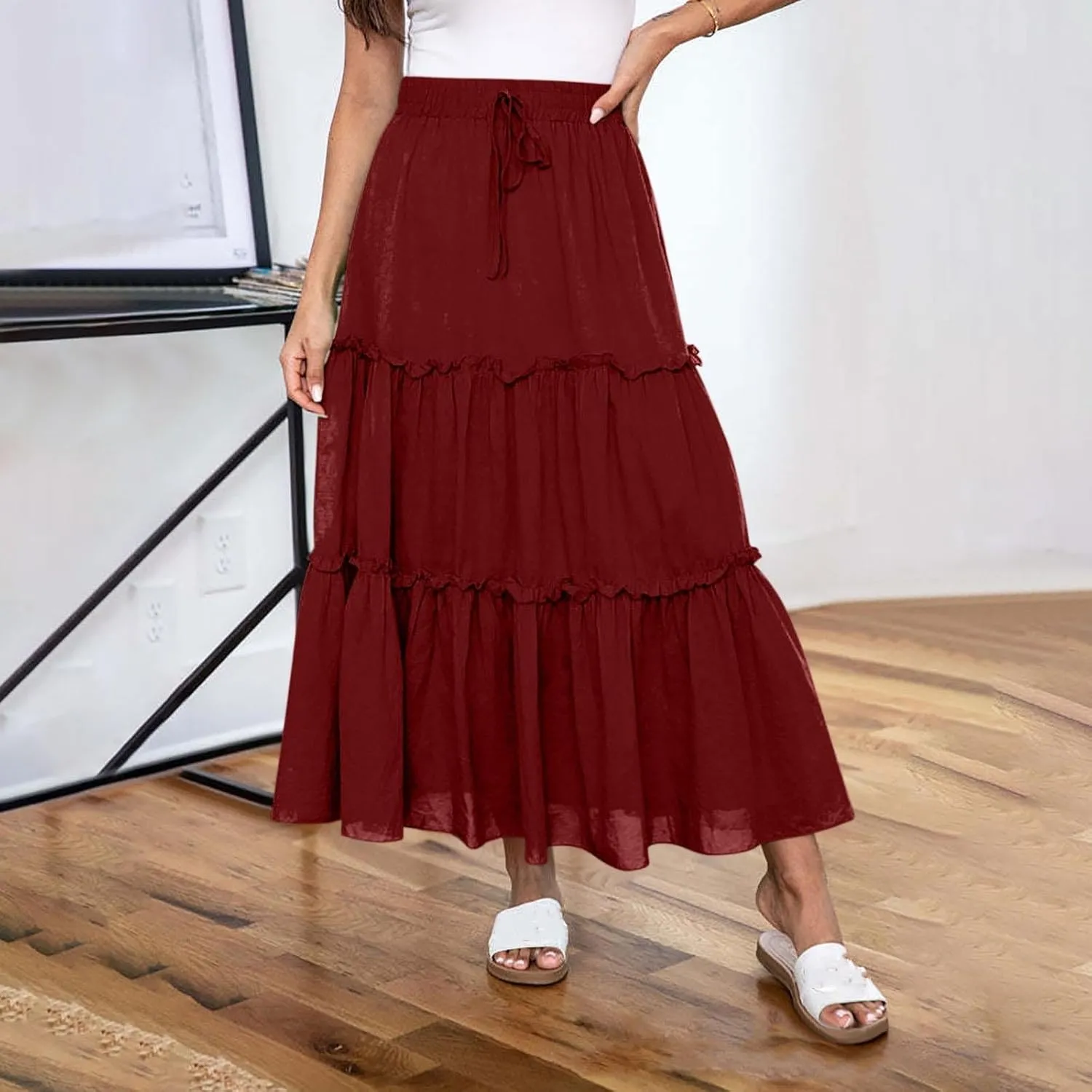 Maxi Skirt for Women Summer Trendy Dressy Drawstring Elastic High Waisted Layered A-Line Flowy Long Tiered Skirts