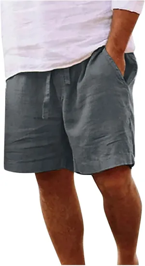 Men's Cotton Linen Shorts Drawstring Casual Loose Fit Breathable Summer Lightweight Work Beach Sweatpants with Pockets
