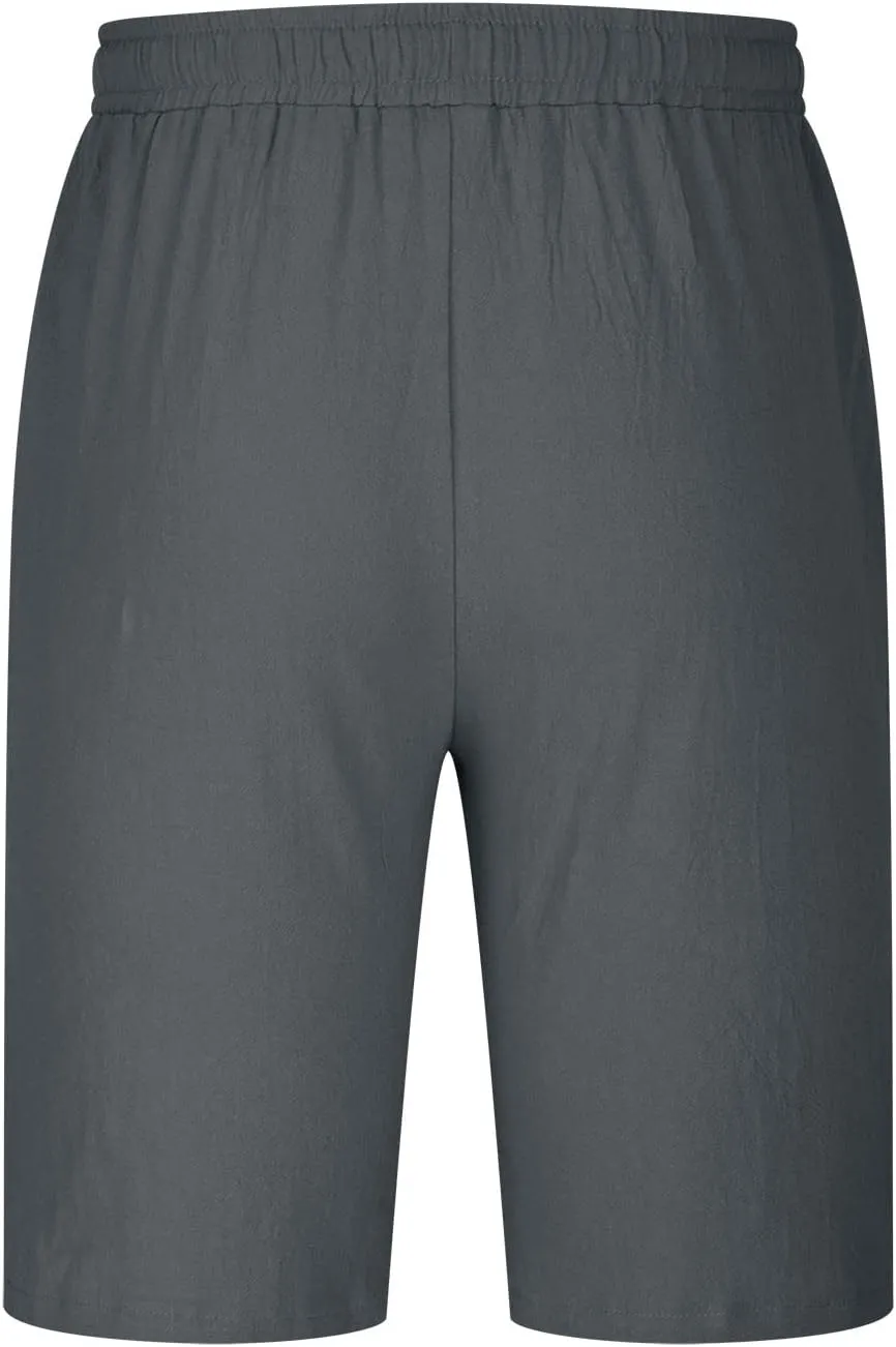Men's Cotton Linen Shorts Drawstring Casual Loose Fit Breathable Summer Lightweight Work Beach Sweatpants with Pockets