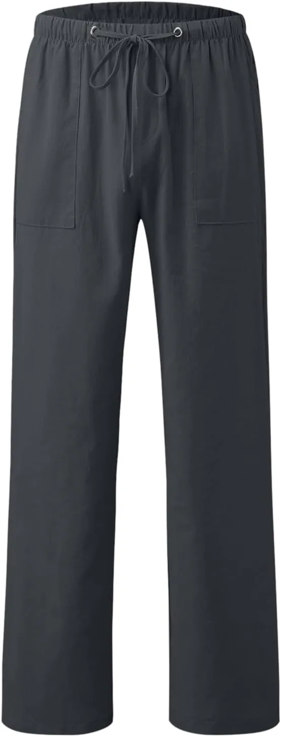 Men's Drawstring Stretch Trendy Cotton Linen Long Pants, Casual Summer Breathable Solid Color Sweatpants
