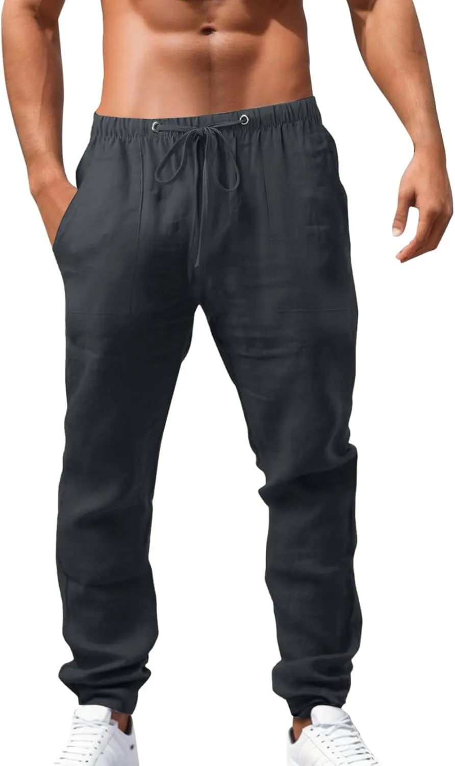Men's Drawstring Stretch Trendy Cotton Linen Long Pants, Casual Summer Breathable Solid Color Sweatpants