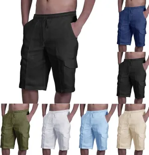 Mens Linen Cargo Shorts Tactical Summer Pants Multi Pockets Vintage SweatShorts Hawaiian Beach Wear Breathable Short