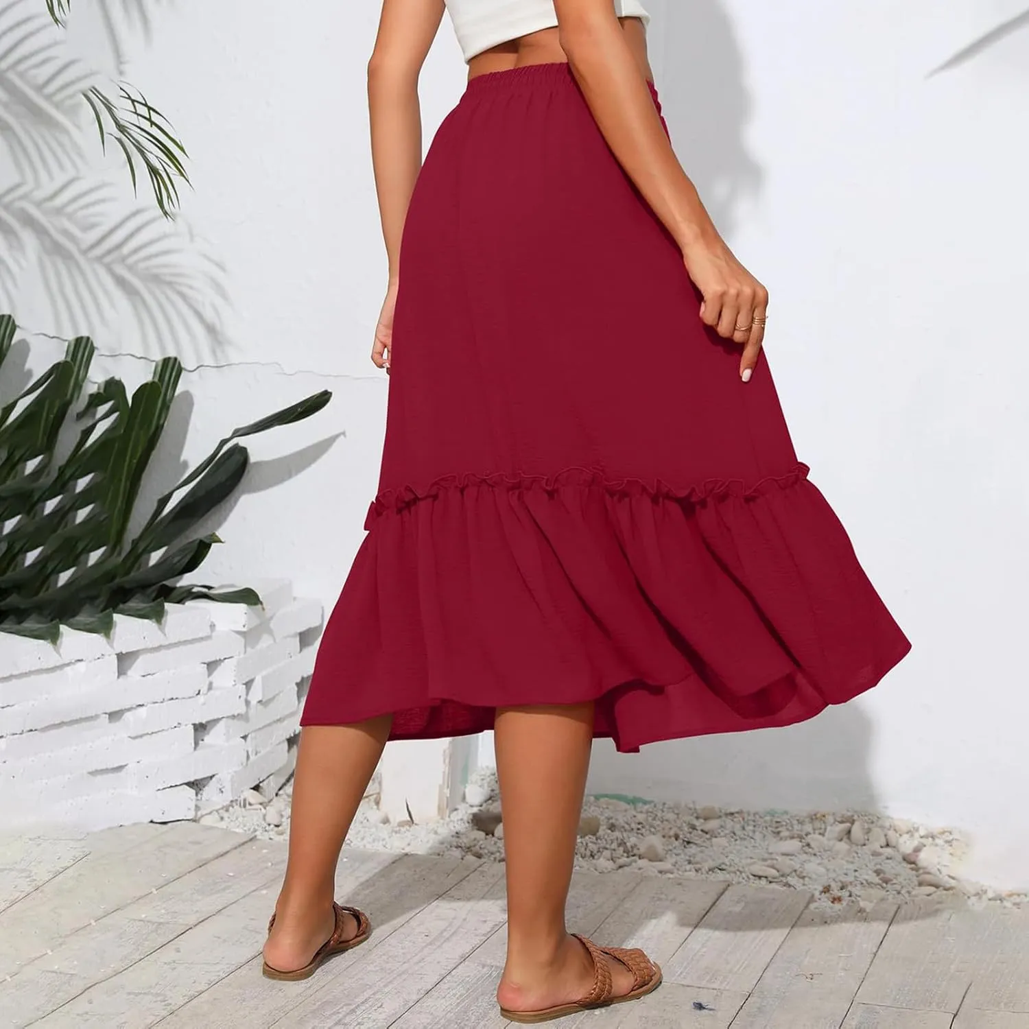Midi Skirts for Women Summer Boho High Waist Flowy Swing Tiered Skirts with Pockets Comfy Beach Pleated Skirts