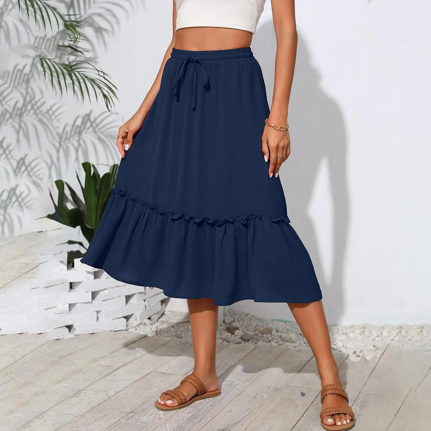 Midi Skirts for Women Summer Boho High Waist Flowy Swing Tiered Skirts with Pockets Comfy Beach Pleated Skirts
