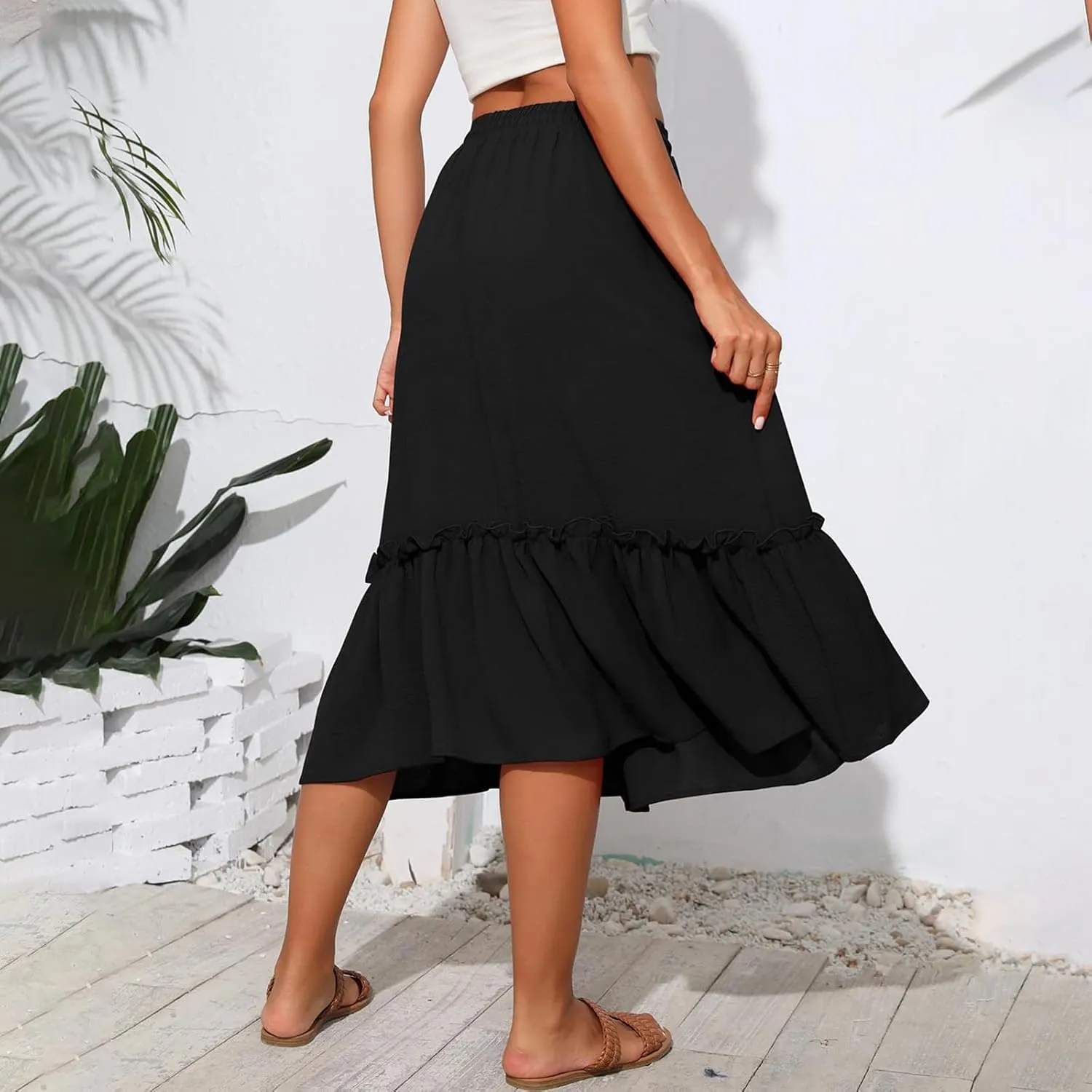 Midi Skirts for Women Summer Boho High Waist Flowy Swing Tiered Skirts with Pockets Comfy Beach Pleated Skirts