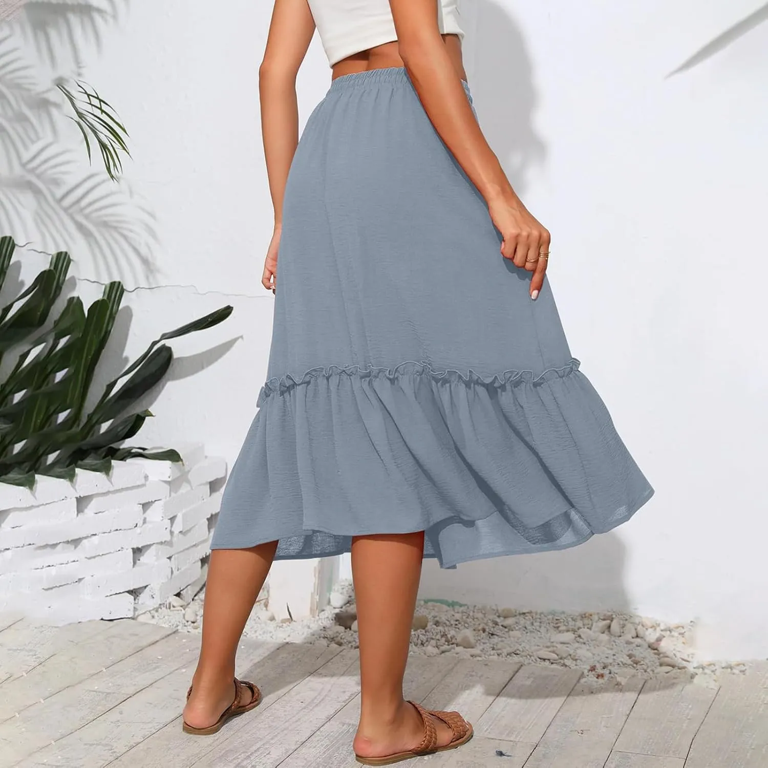 Midi Skirts for Women Summer Boho High Waist Flowy Swing Tiered Skirts with Pockets Comfy Beach Pleated Skirts