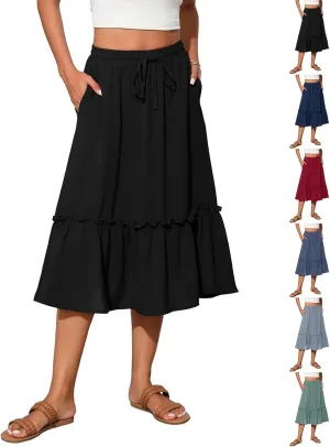 Midi Skirts for Women Summer Boho High Waist Flowy Swing Tiered Skirts with Pockets Comfy Beach Pleated Skirts