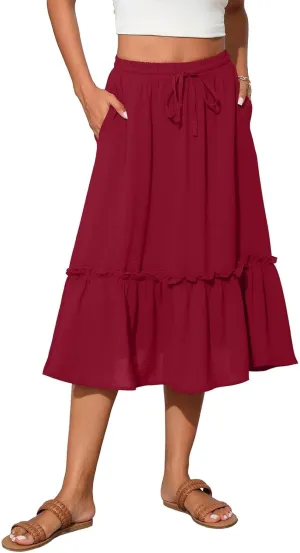 Midi Skirts for Women Summer Boho High Waist Flowy Swing Tiered Skirts with Pockets Comfy Beach Pleated Skirts