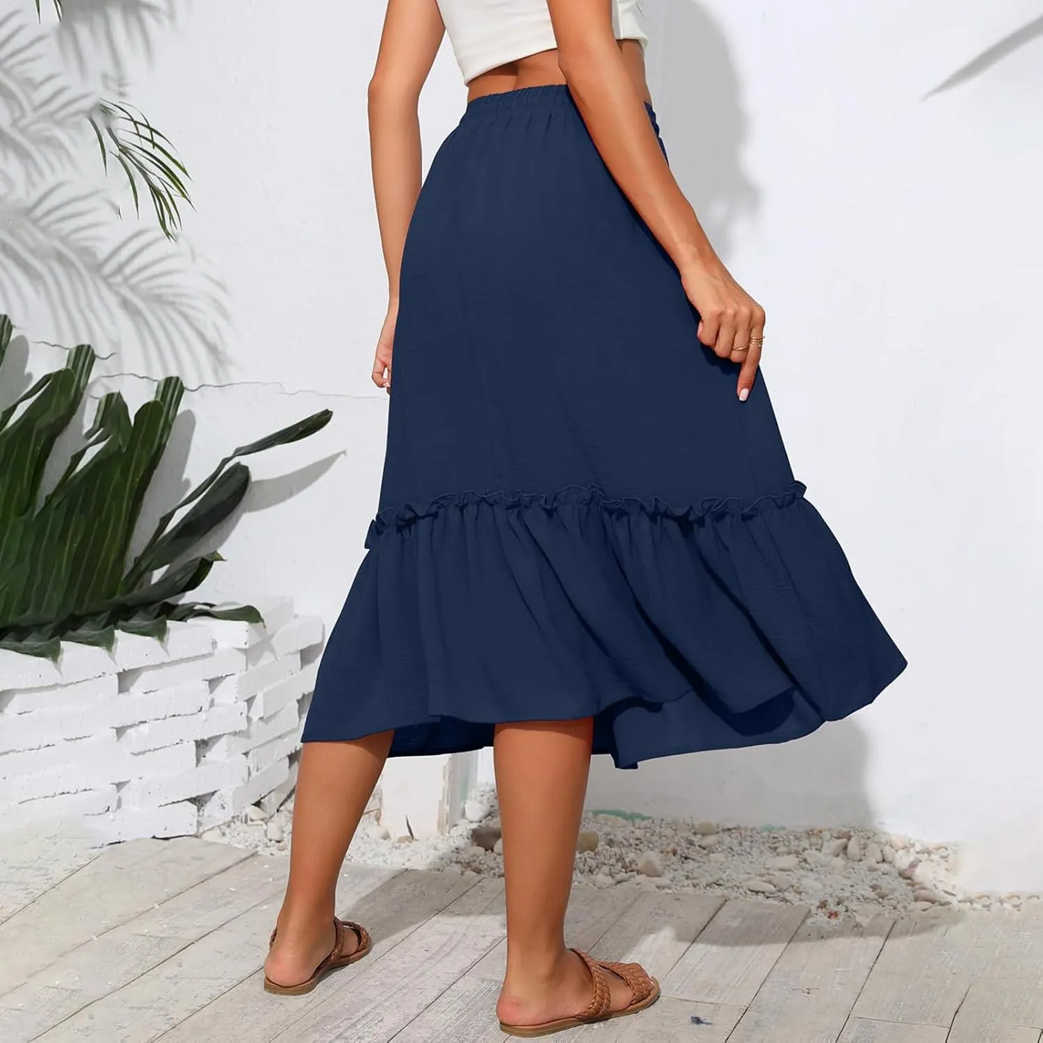 Midi Skirts for Women Summer Boho High Waist Flowy Swing Tiered Skirts with Pockets Comfy Beach Pleated Skirts
