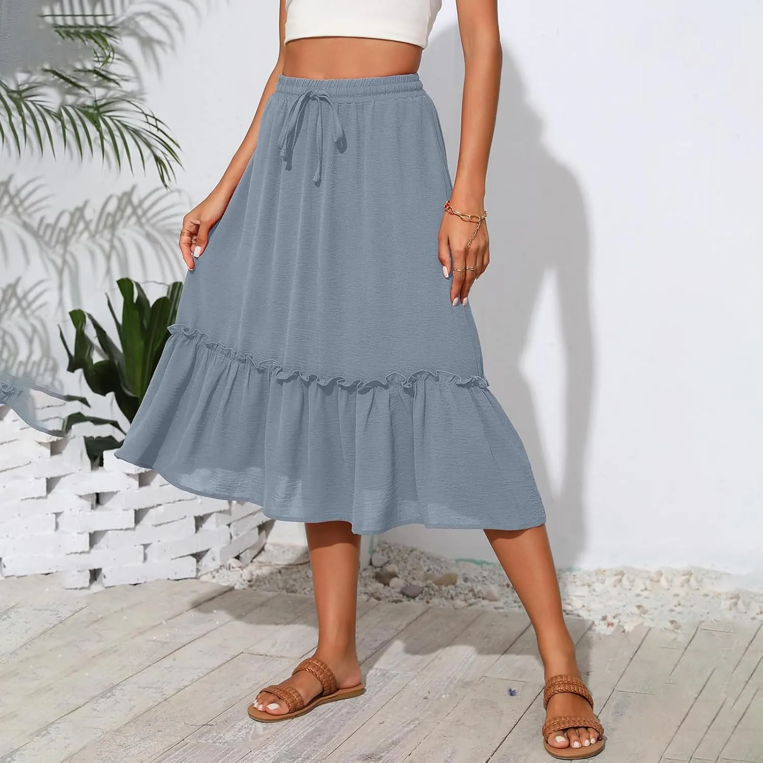 Midi Skirts for Women Summer Boho High Waist Flowy Swing Tiered Skirts with Pockets Comfy Beach Pleated Skirts