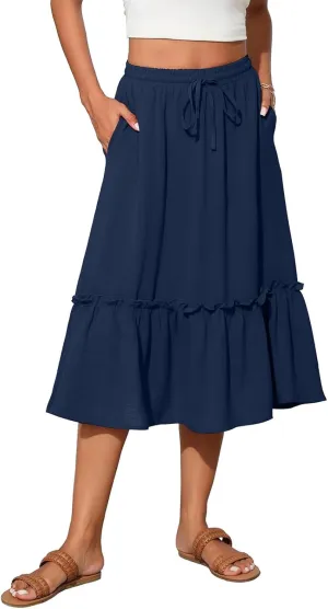 Midi Skirts for Women Summer Boho High Waist Flowy Swing Tiered Skirts with Pockets Comfy Beach Pleated Skirts