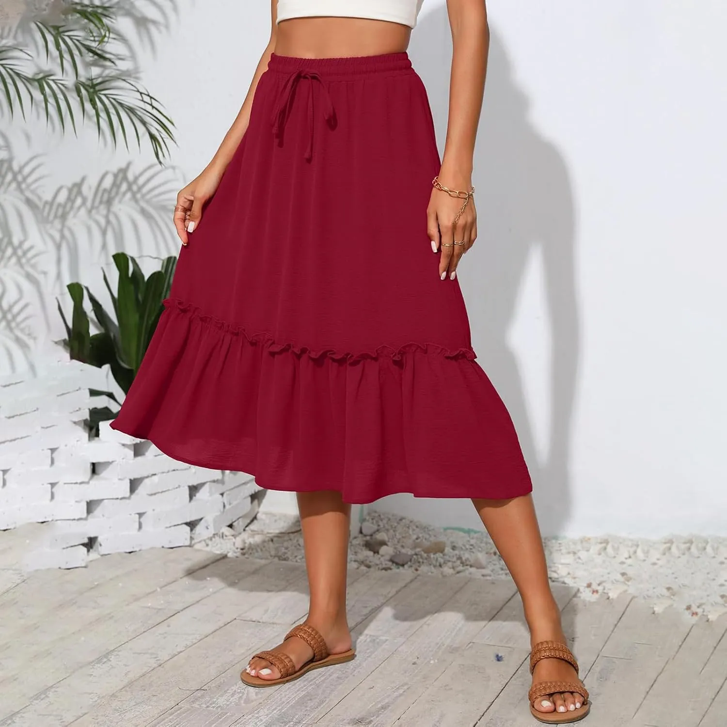Midi Skirts for Women Summer Boho High Waist Flowy Swing Tiered Skirts with Pockets Comfy Beach Pleated Skirts