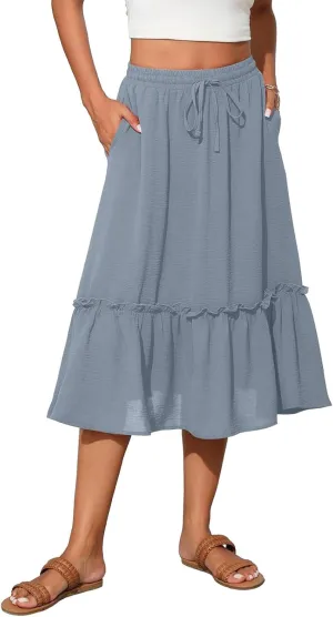 Midi Skirts for Women Summer Boho High Waist Flowy Swing Tiered Skirts with Pockets Comfy Beach Pleated Skirts