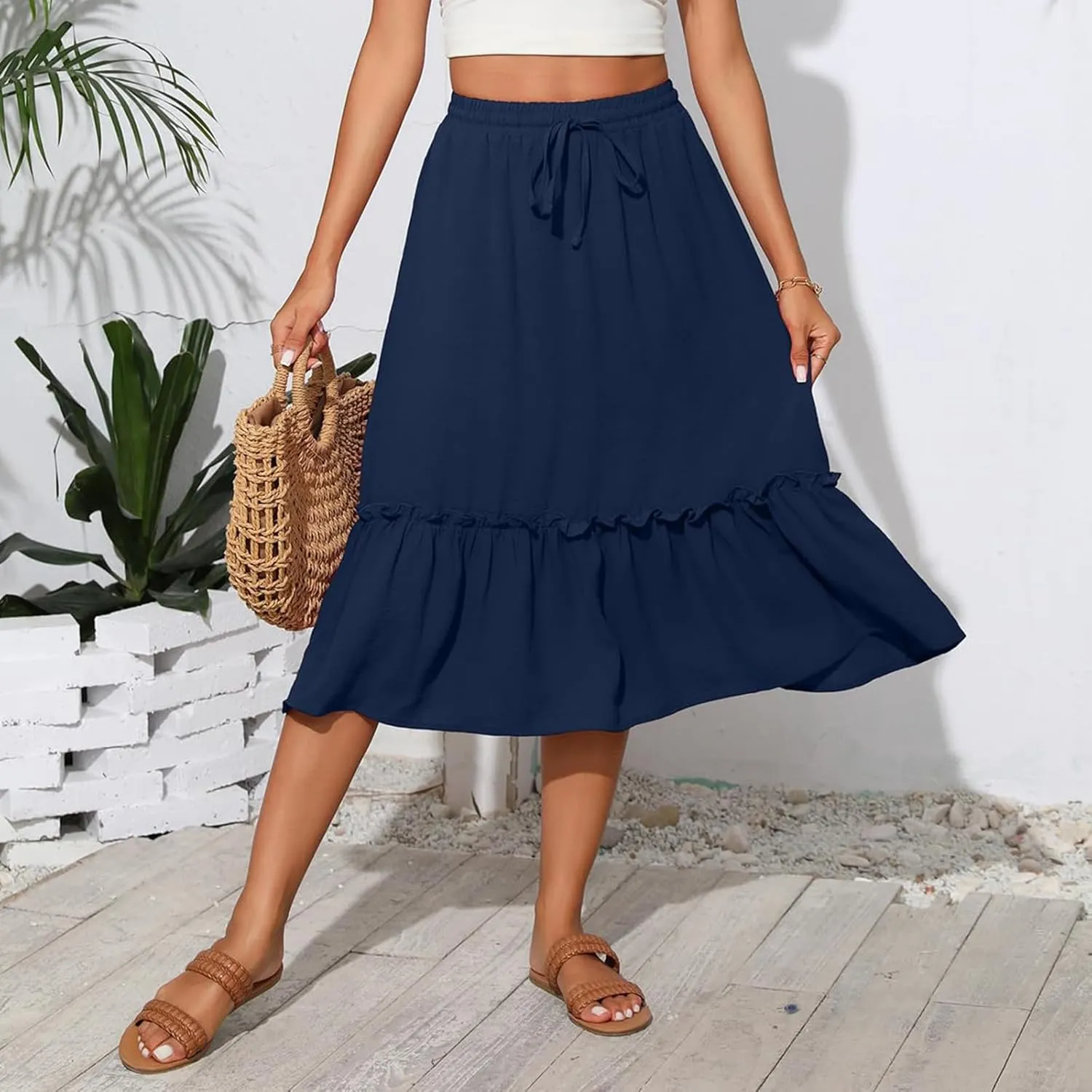 Midi Skirts for Women Summer Boho High Waist Flowy Swing Tiered Skirts with Pockets Comfy Beach Pleated Skirts