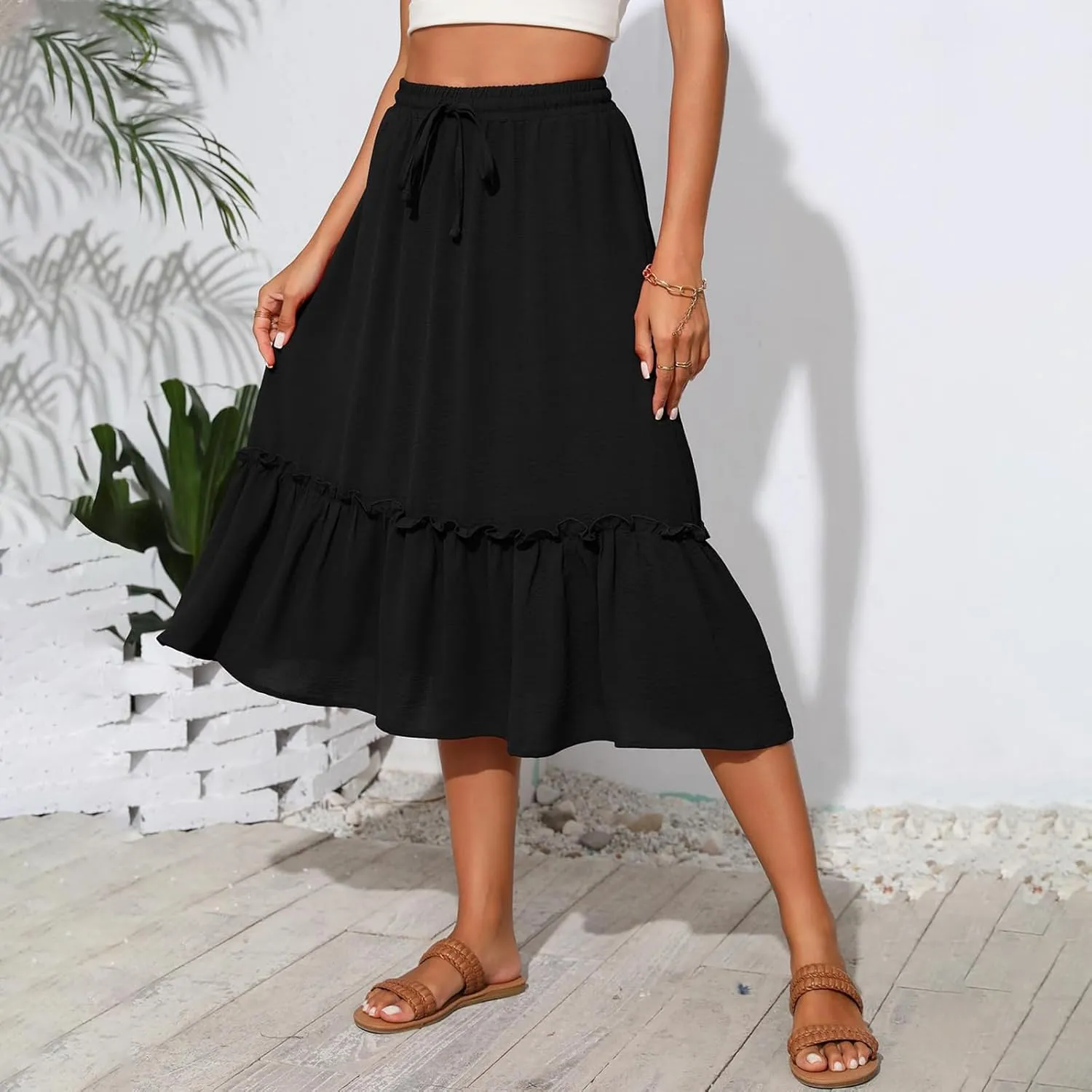 Midi Skirts for Women Summer Boho High Waist Flowy Swing Tiered Skirts with Pockets Comfy Beach Pleated Skirts