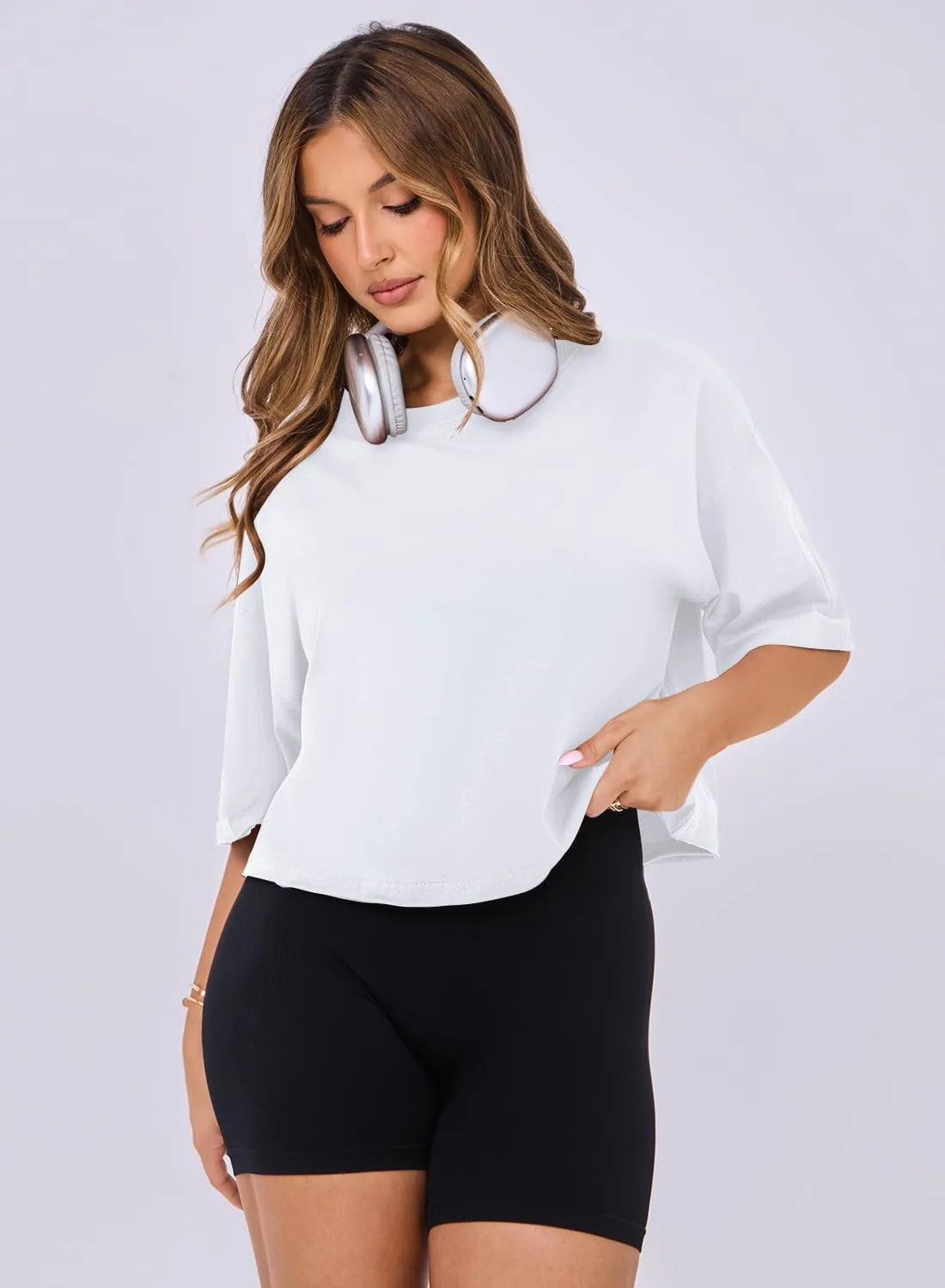 MIHOLL Workout Crop Tops for Women Oversized Short Sleeve Cotton Boxy T-Shirts for Summer Casual Loose Basic Tee
