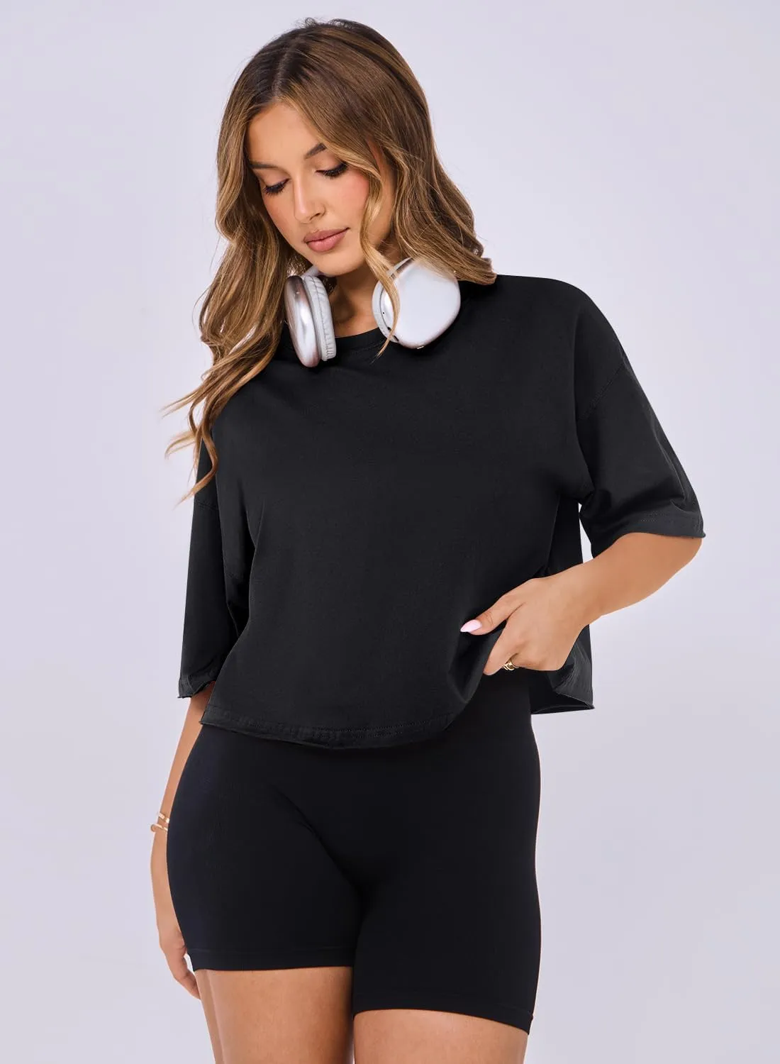 MIHOLL Workout Crop Tops for Women Oversized Short Sleeve Cotton Boxy T-Shirts for Summer Casual Loose Basic Tee