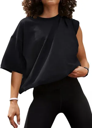 MIHOLL Workout Crop Tops for Women Oversized Short Sleeve Cotton Boxy T-Shirts for Summer Casual Loose Basic Tee