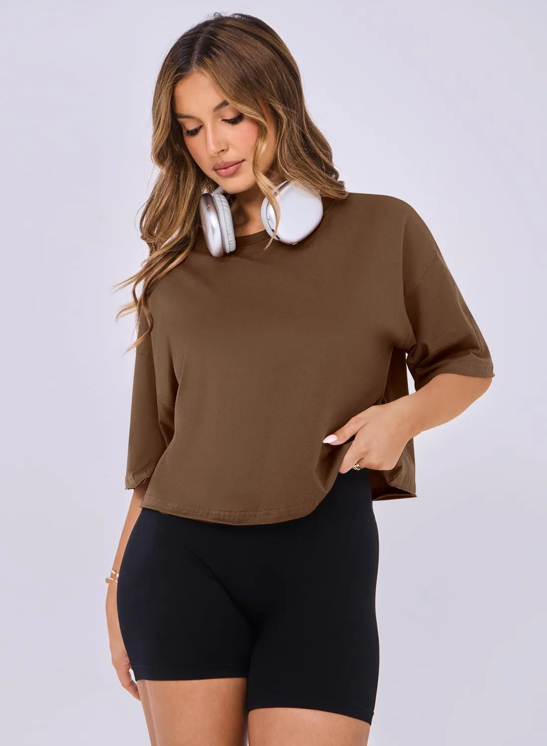 MIHOLL Workout Crop Tops for Women Oversized Short Sleeve Cotton Boxy T-Shirts for Summer Casual Loose Basic Tee