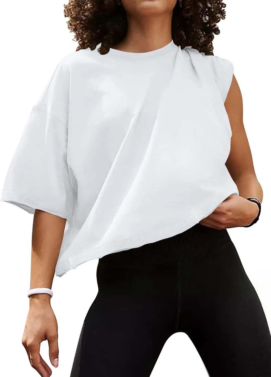 MIHOLL Workout Crop Tops for Women Oversized Short Sleeve Cotton Boxy T-Shirts for Summer Casual Loose Basic Tee
