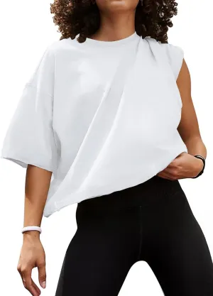 MIHOLL Workout Crop Tops for Women Oversized Short Sleeve Cotton Boxy T-Shirts for Summer Casual Loose Basic Tee