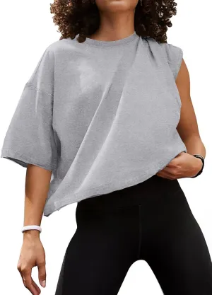 MIHOLL Workout Crop Tops for Women Oversized Short Sleeve Cotton Boxy T-Shirts for Summer Casual Loose Basic Tee