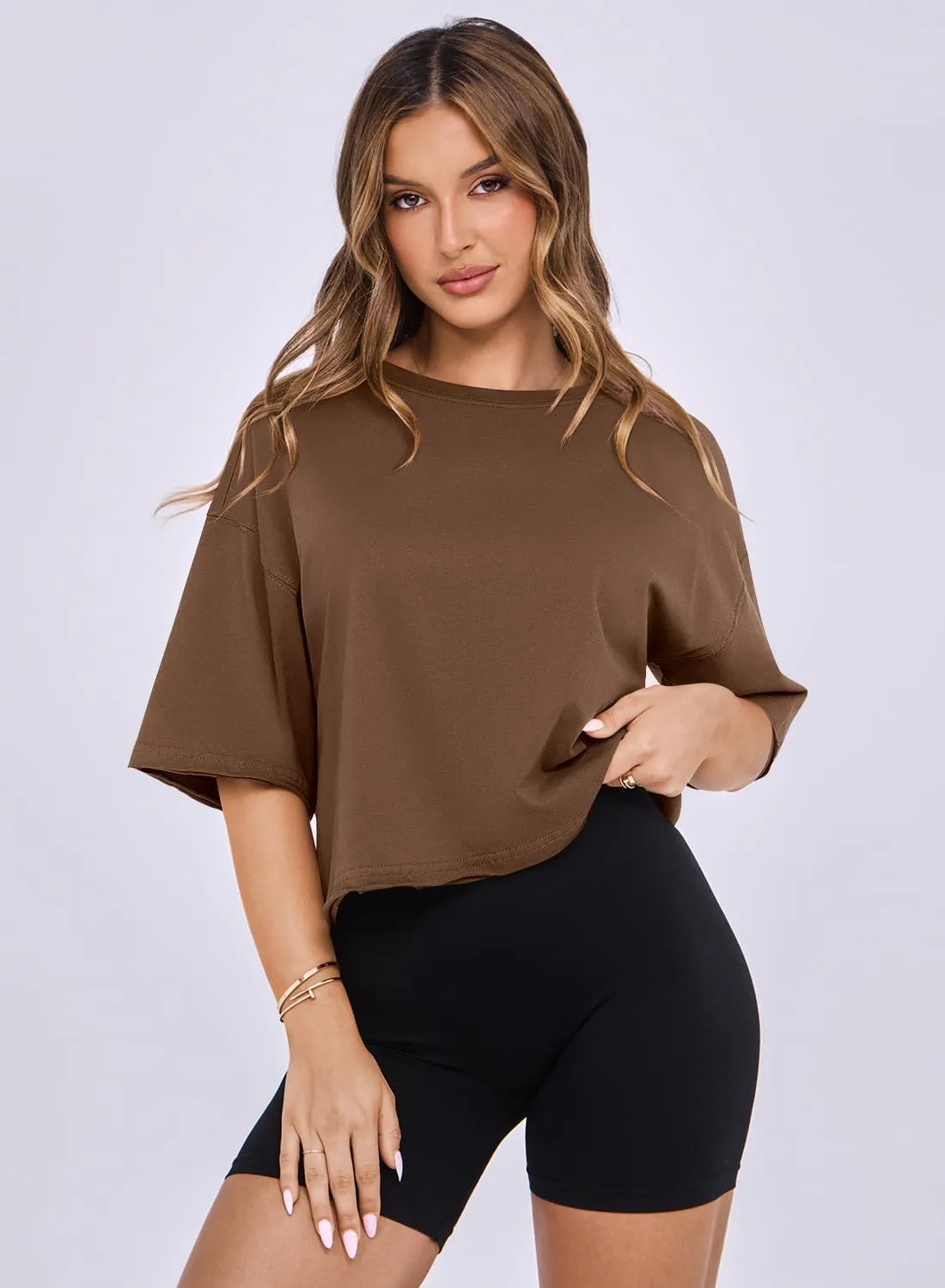 MIHOLL Workout Crop Tops for Women Oversized Short Sleeve Cotton Boxy T-Shirts for Summer Casual Loose Basic Tee