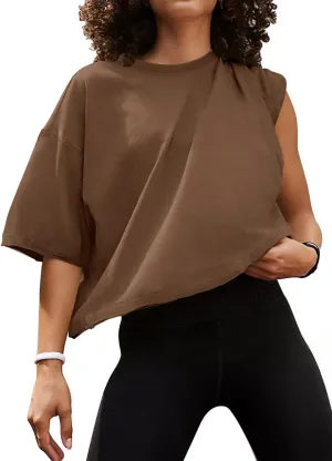 MIHOLL Workout Crop Tops for Women Oversized Short Sleeve Cotton Boxy T-Shirts for Summer Casual Loose Basic Tee