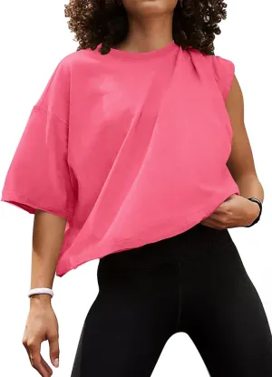 MIHOLL Workout Crop Tops for Women Oversized Short Sleeve Cotton Boxy T-Shirts for Summer Casual Loose Basic Tee