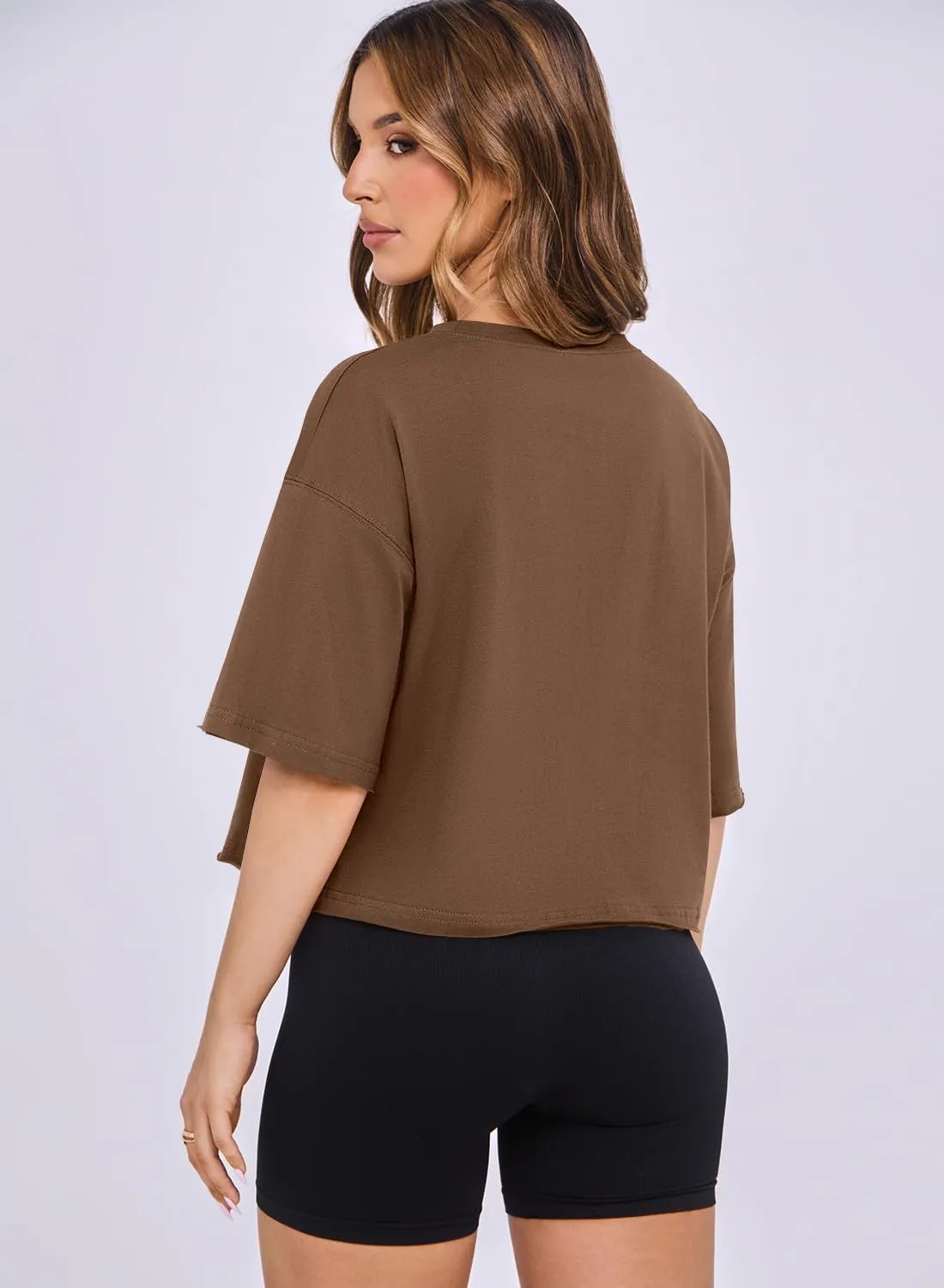 MIHOLL Workout Crop Tops for Women Oversized Short Sleeve Cotton Boxy T-Shirts for Summer Casual Loose Basic Tee