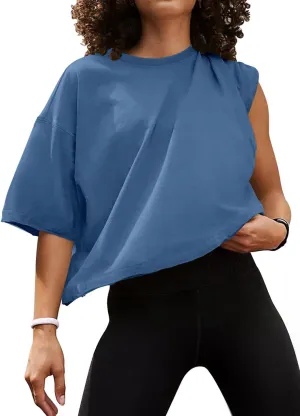 MIHOLL Workout Crop Tops for Women Oversized Short Sleeve Cotton Boxy T-Shirts for Summer Casual Loose Basic Tee