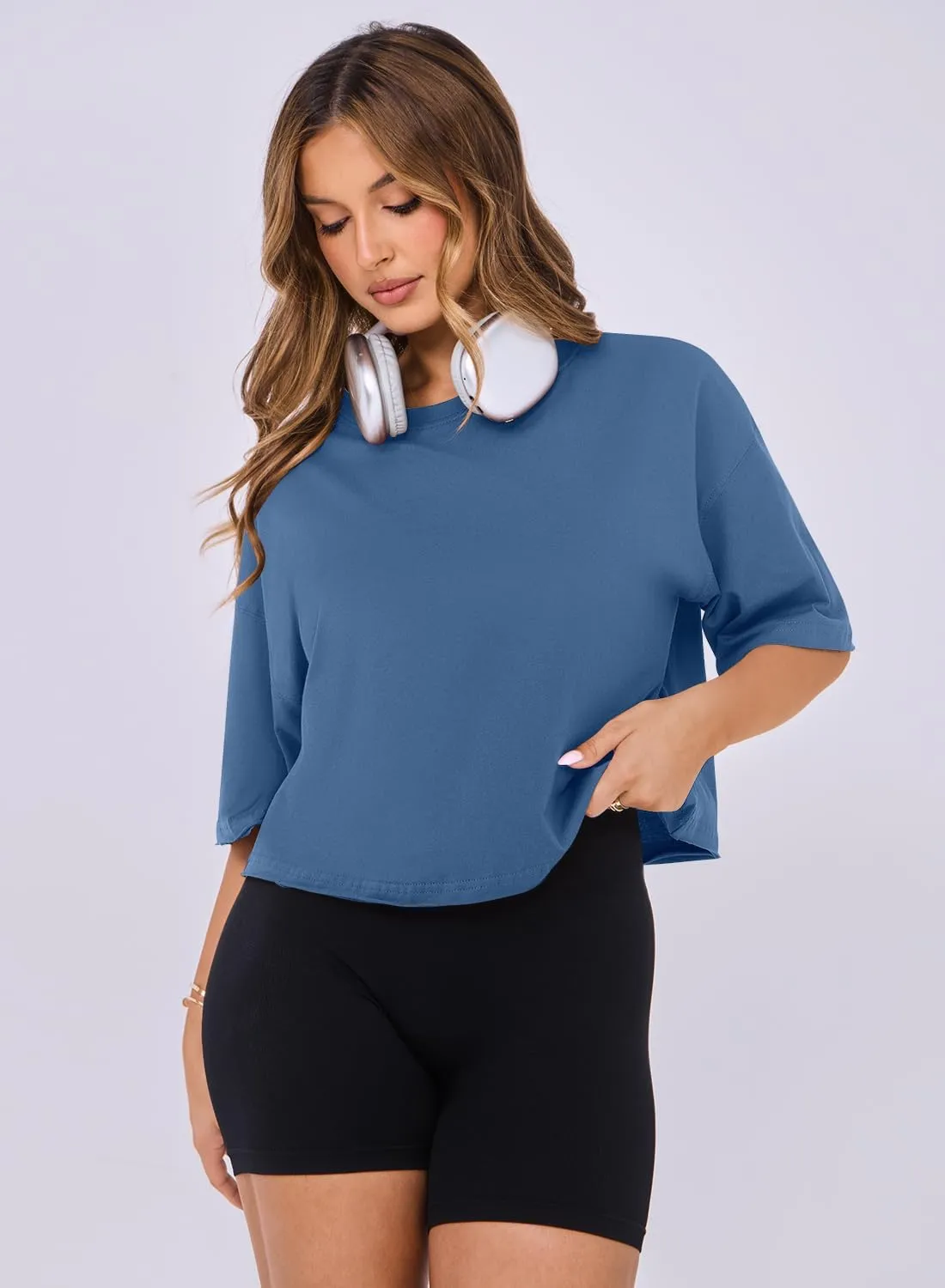 MIHOLL Workout Crop Tops for Women Oversized Short Sleeve Cotton Boxy T-Shirts for Summer Casual Loose Basic Tee