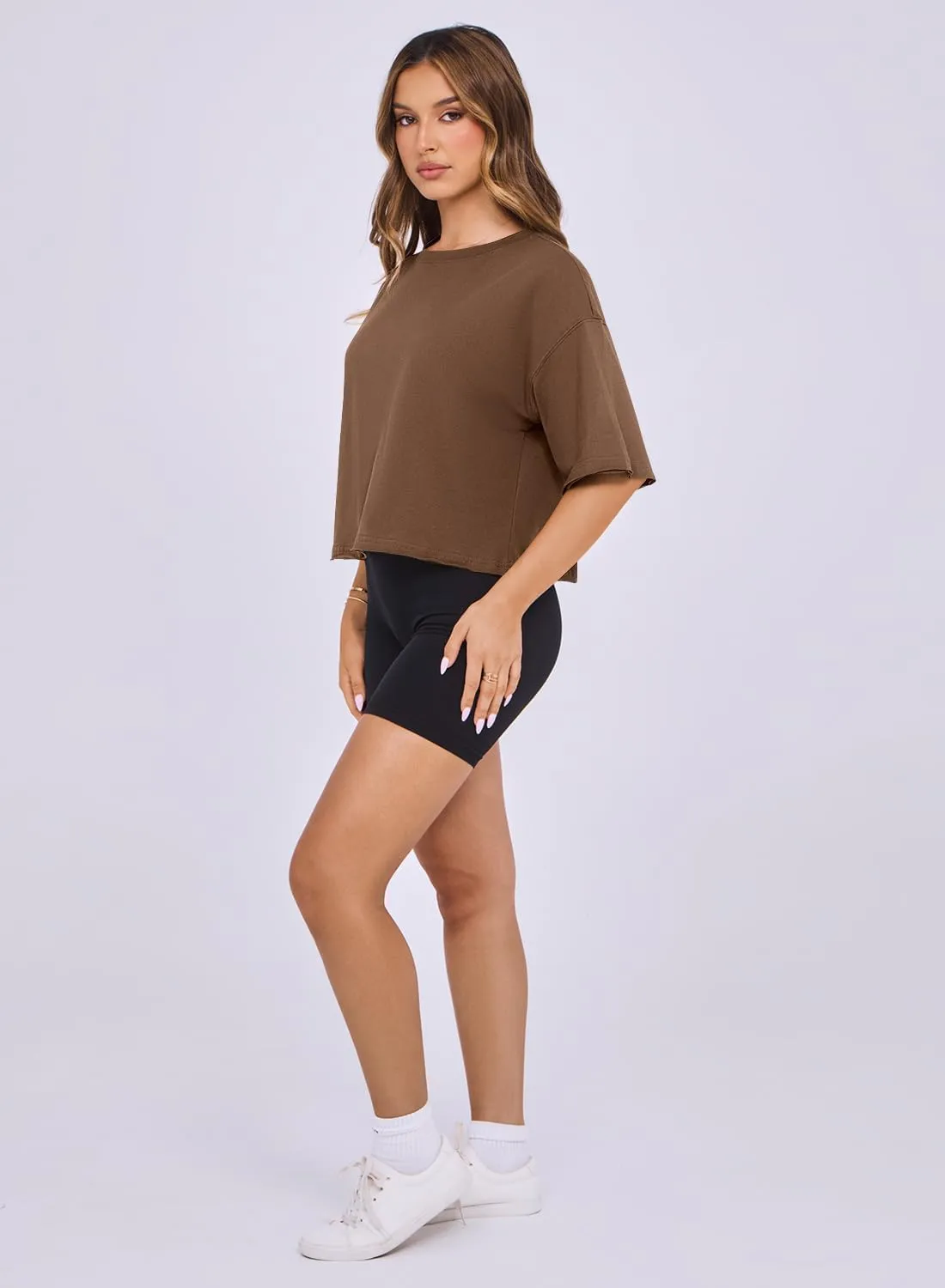 MIHOLL Workout Crop Tops for Women Oversized Short Sleeve Cotton Boxy T-Shirts for Summer Casual Loose Basic Tee