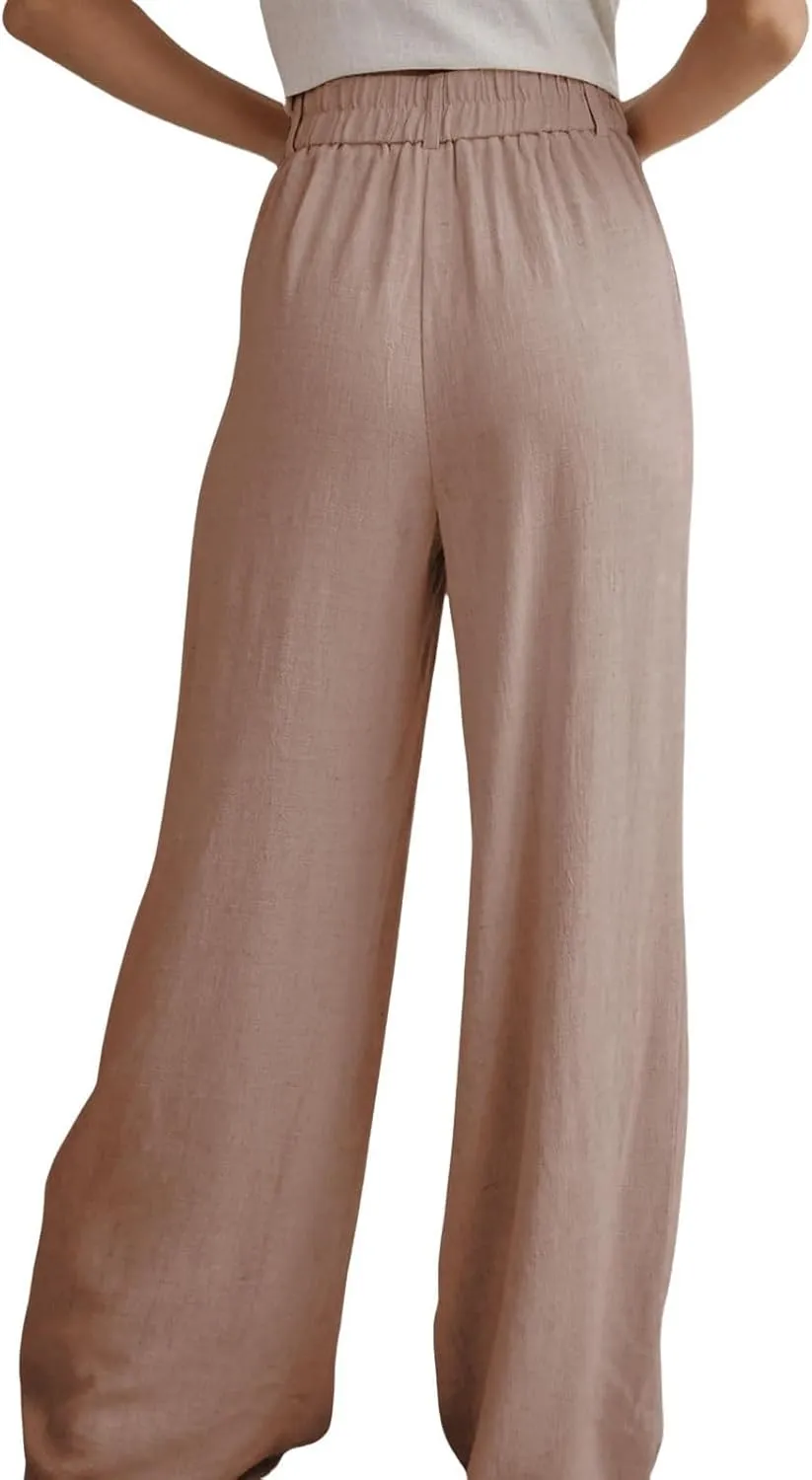Miyaomn Linen Pants for Women High Waisted Casual Loose Wide Leg Palazzo Pants Summer Travel Beach Dress Trousers with Pocket