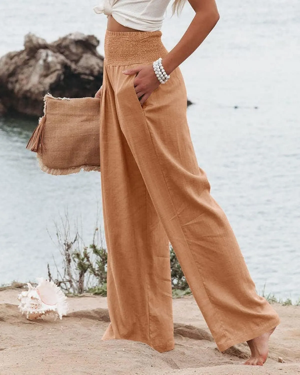 Mmoneyake Women Linen Palazzo Pants 2024 Casual High Waist Wide Leg Pants Lightweight Summer Beach Flowy Pant Lounge Trousers