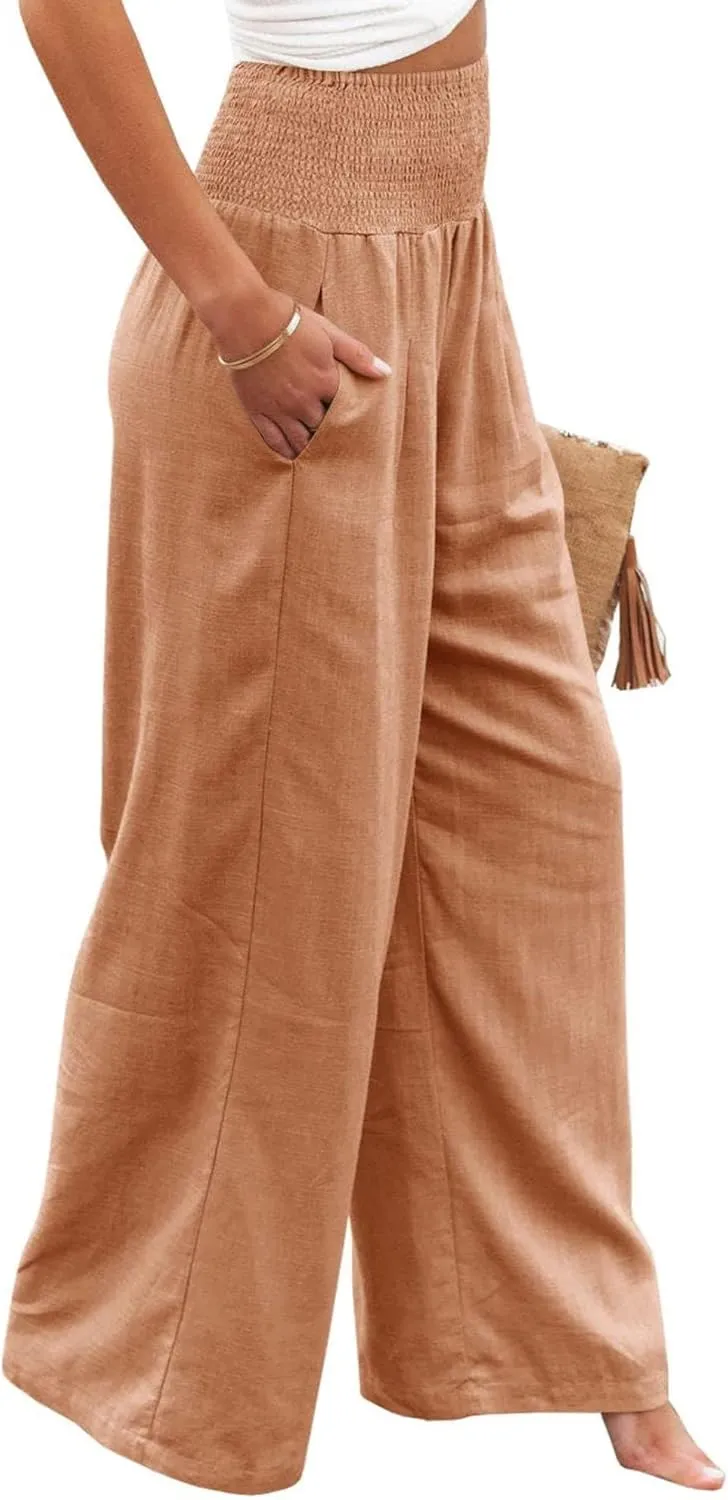 Mmoneyake Women Linen Palazzo Pants 2024 Casual High Waist Wide Leg Pants Lightweight Summer Beach Flowy Pant Lounge Trousers