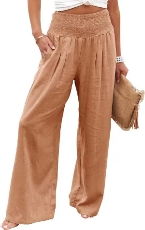 Mmoneyake Women Linen Palazzo Pants 2024 Casual High Waist Wide Leg Pants Lightweight Summer Beach Flowy Pant Lounge Trousers