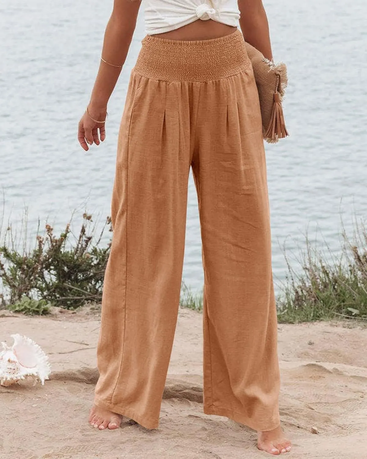 Mmoneyake Women Linen Palazzo Pants 2024 Casual High Waist Wide Leg Pants Lightweight Summer Beach Flowy Pant Lounge Trousers