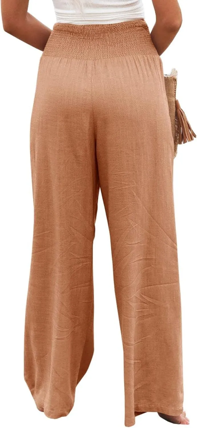 Mmoneyake Women Linen Palazzo Pants 2024 Casual High Waist Wide Leg Pants Lightweight Summer Beach Flowy Pant Lounge Trousers