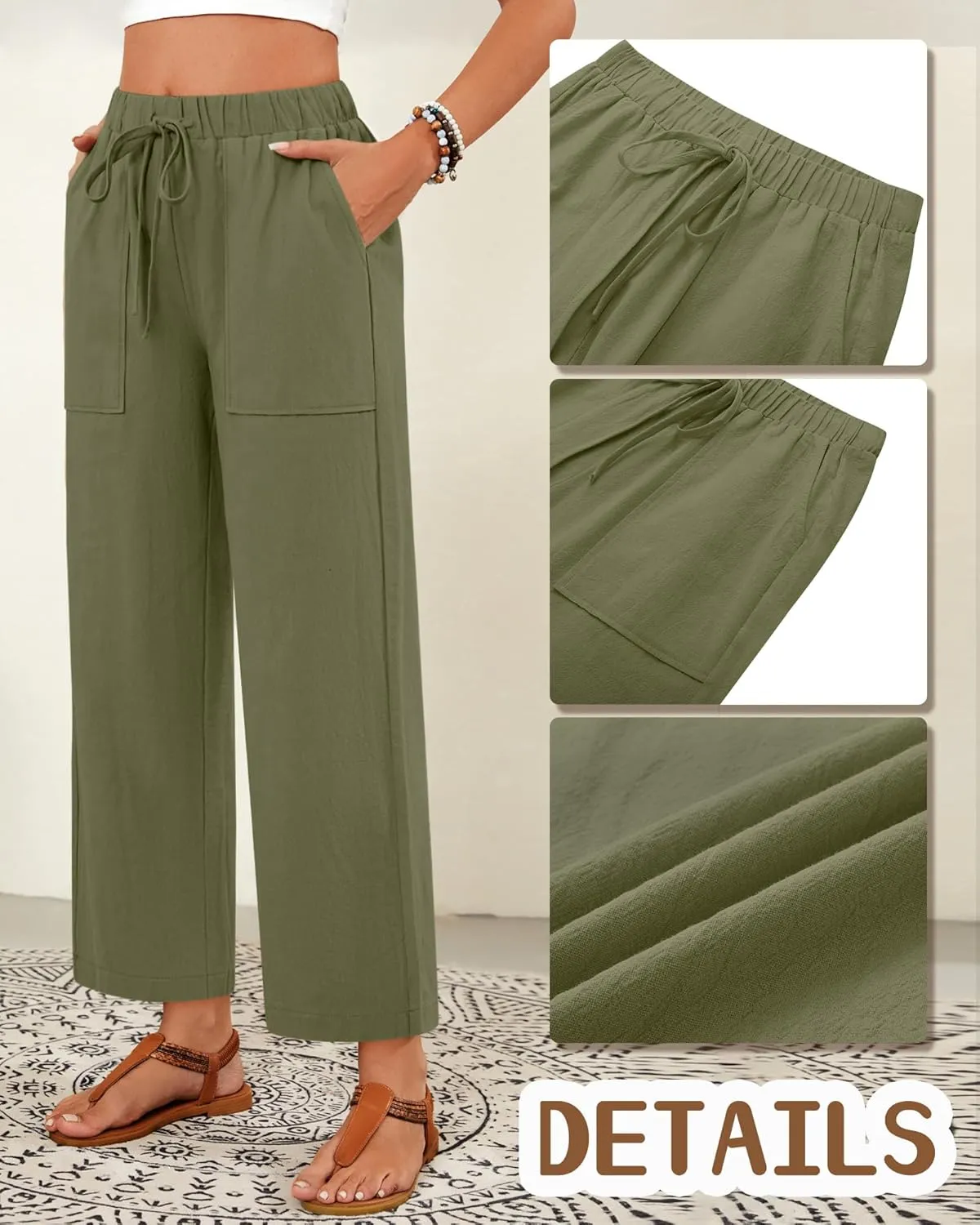 Neer 2 Pack Womens Linen Pants with Pocket, Casual Summer Drawstring Beach Pants High Waisted Wide Leg Loose Palazzo Trouser