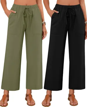 Neer 2 Pack Womens Linen Pants with Pocket, Casual Summer Drawstring Beach Pants High Waisted Wide Leg Loose Palazzo Trouser