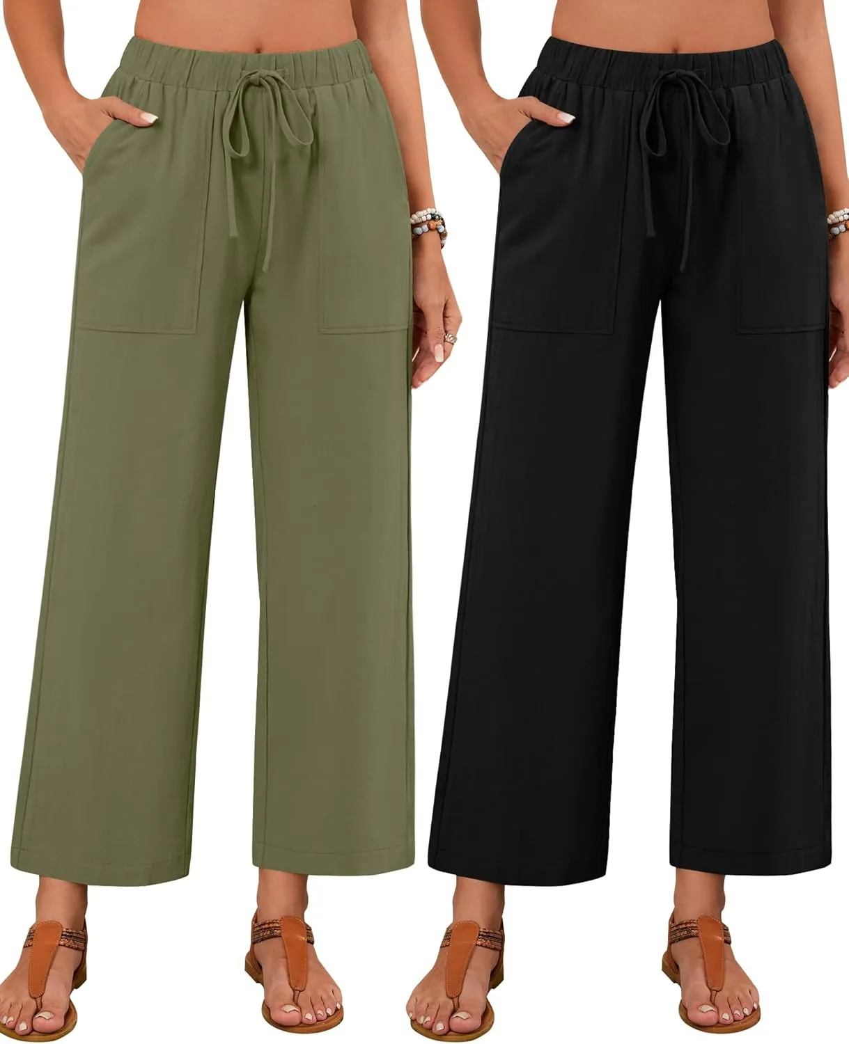 Neer 2 Pack Womens Linen Pants with Pocket, Casual Summer Drawstring Beach Pants High Waisted Wide Leg Loose Palazzo Trouser