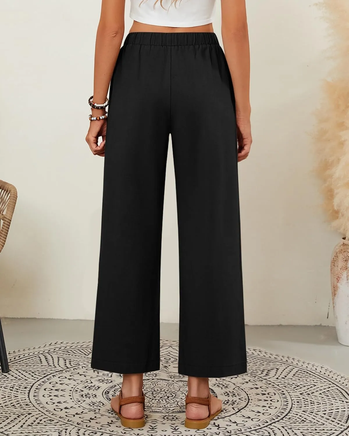 Neer 2 Pack Womens Linen Pants with Pocket, Casual Summer Drawstring Beach Pants High Waisted Wide Leg Loose Palazzo Trouser