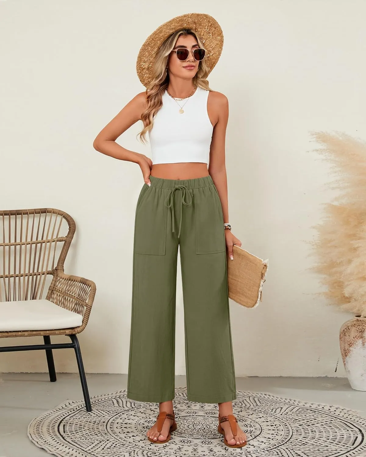 Neer 2 Pack Womens Linen Pants with Pocket, Casual Summer Drawstring Beach Pants High Waisted Wide Leg Loose Palazzo Trouser