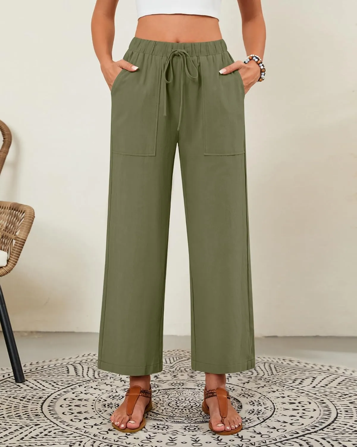 Neer 2 Pack Womens Linen Pants with Pocket, Casual Summer Drawstring Beach Pants High Waisted Wide Leg Loose Palazzo Trouser