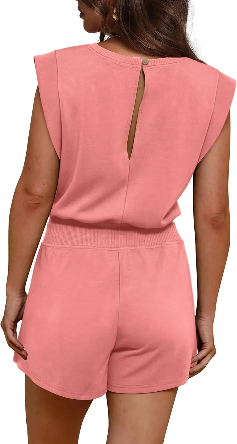 OFEEFAN Rompers for Women Summer Cap Sleeve Adjustable Drawstring Waistband Crewneck Casual Outfits with Pockets