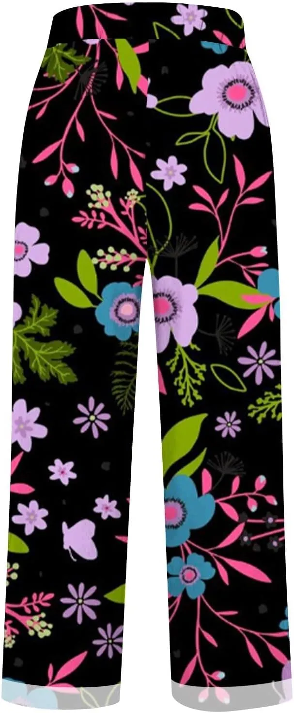 Palazzo Pants Women High Waist Wide Leg Printed Linen Pants Plus Size Summer Beach Trousers Flowy Comfy Lounge Pants
